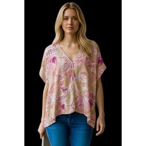 Fate 100% Linen Top Size S Boxy Fit Tropical Floral Pullover Beachy Resort